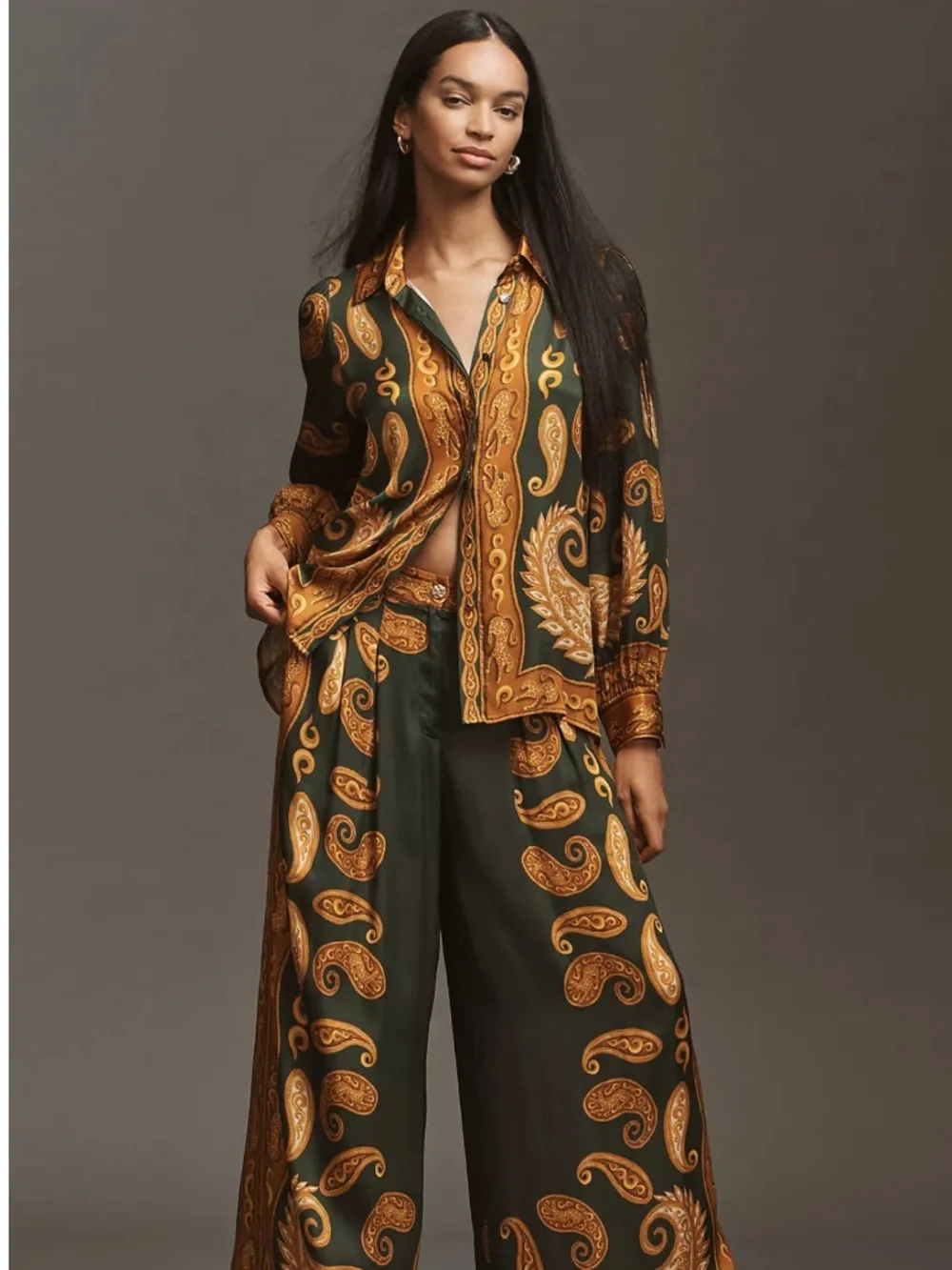 FARM Rio x Anthropologie Gold and Green Paisley Silk Blouse Size XXS NWT